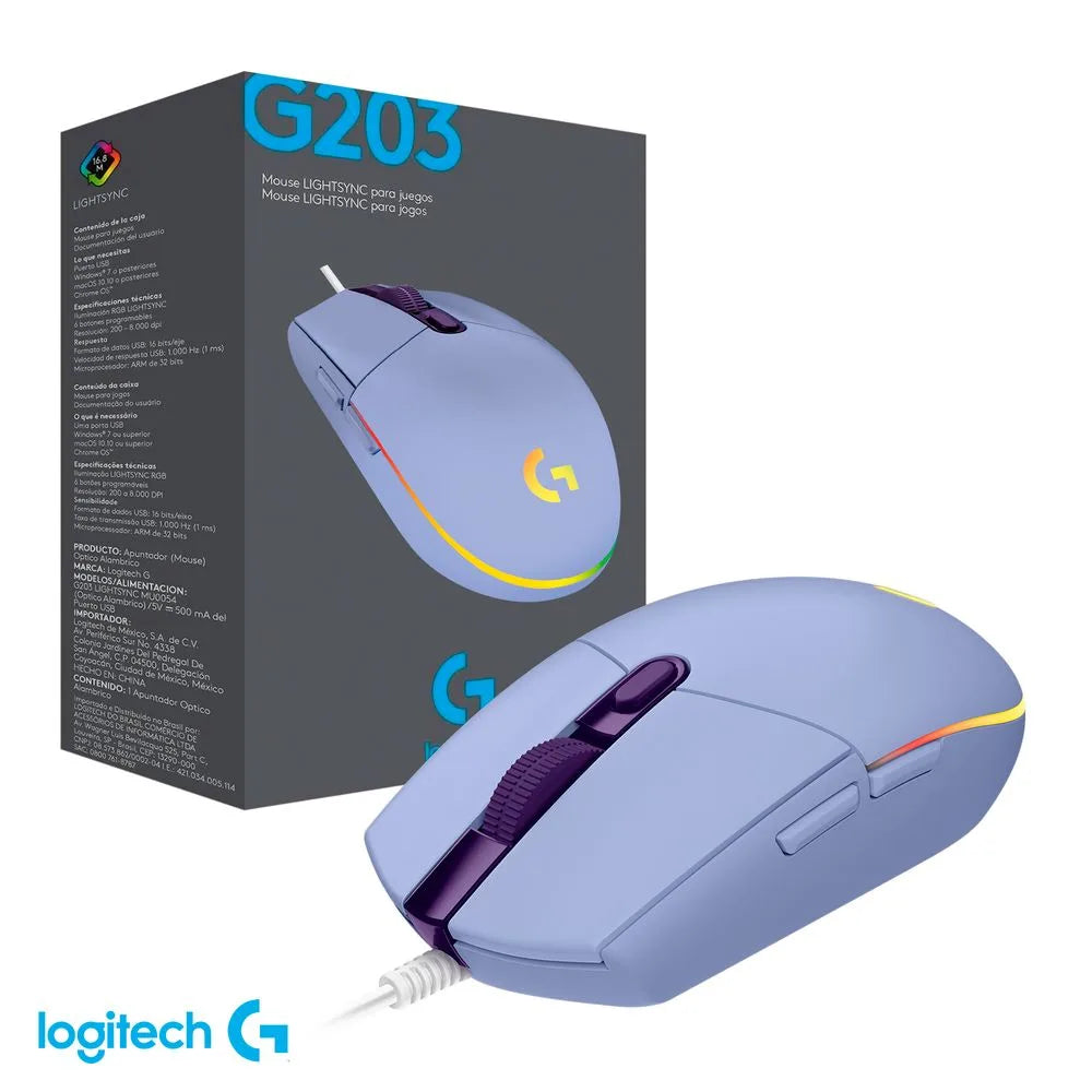 LOGITECH MOUSE C/CABLE G203 LILA GAMING